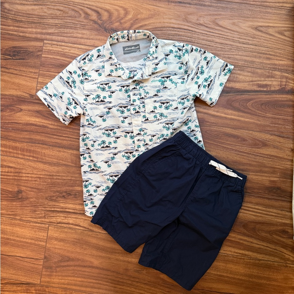Eddie Bauer boys Tropical Print Shirt and Navy Shorts Set